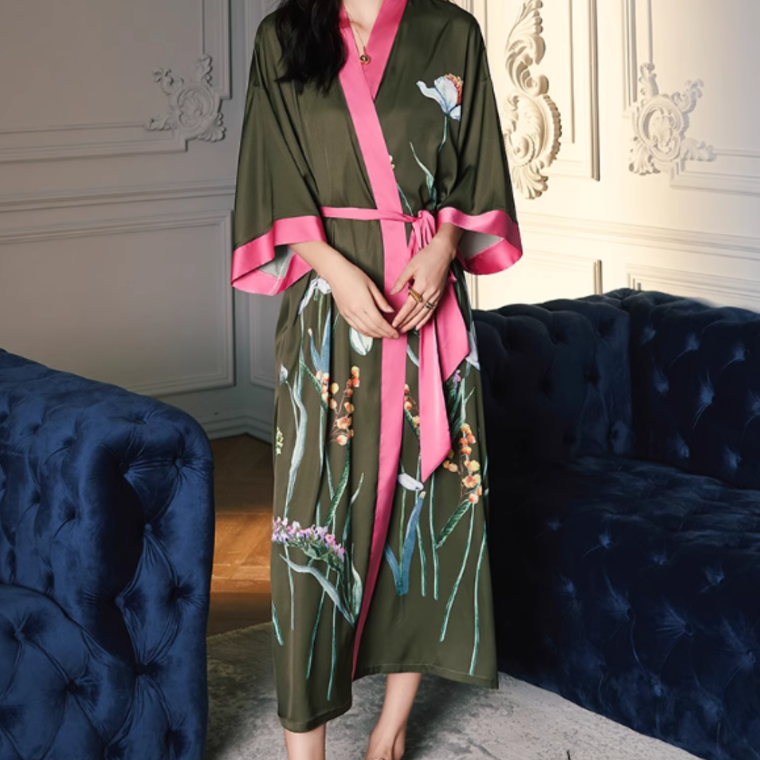 Peignoir Kimono Kaki Et Rose